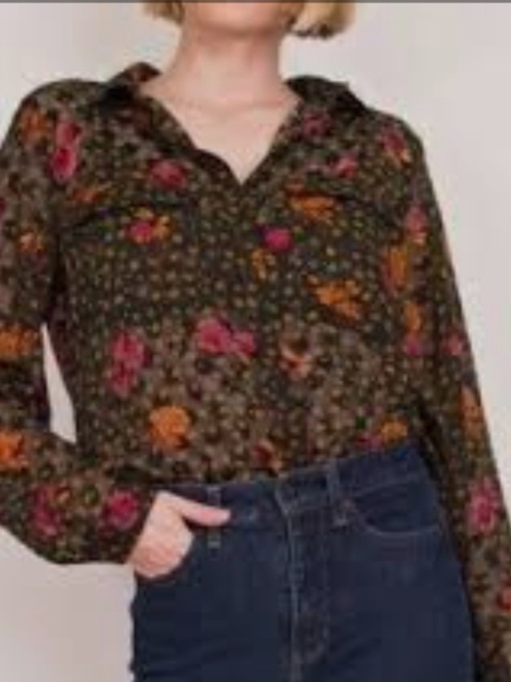 Loft Floral Button-Up Blouse in Black with Pink & Orange Accents